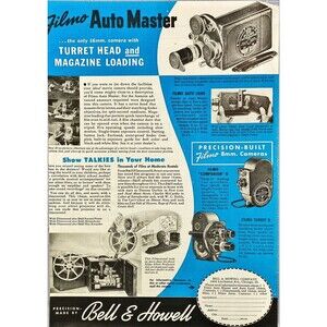 Bell & Howell Filmo Auto Master 16mm Camera w/ Turret Head Vintage Print Ad 1941